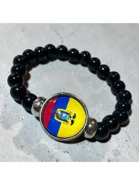 Ecuador Flag Beaded Bracelet With Black Beads & Silver Accents Adjustable Elasti